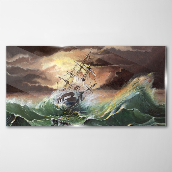 Stormy ocean with a wrecked ship Glass art print
