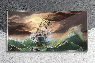 Stormy ocean with a wrecked ship Glass art print