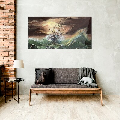 Stormy ocean with a wrecked ship Glass art print