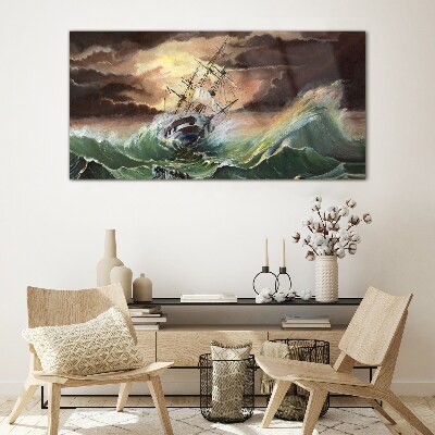 Stormy ocean with a wrecked ship Glass art print