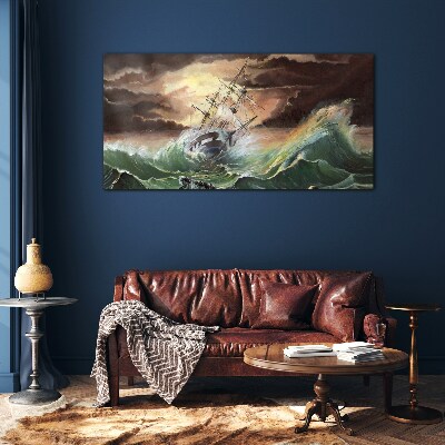 Boat ship ocean storm waves Glass Print