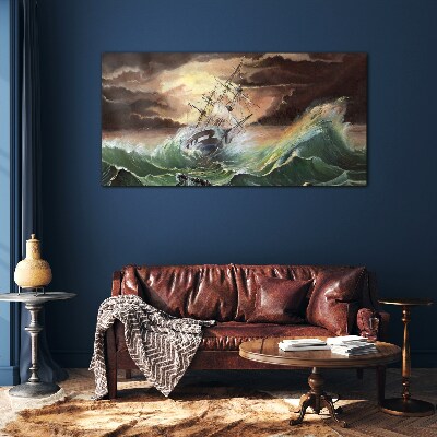 Stormy ocean with a wrecked ship Glass art print