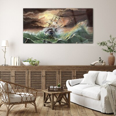 Stormy ocean with a wrecked ship Glass art print