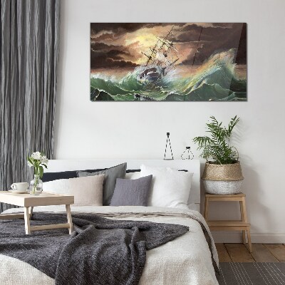 Stormy ocean with a wrecked ship Glass art print