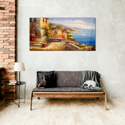 Seaside village in the sun Glass art print