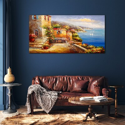 Seaside village in the sun Glass art print