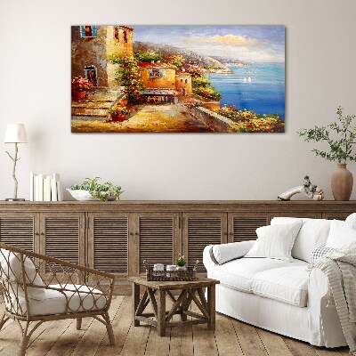 Seaside village in the sun Glass art print