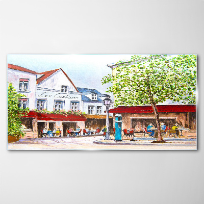 A cafe alley in the town Wall art on glass