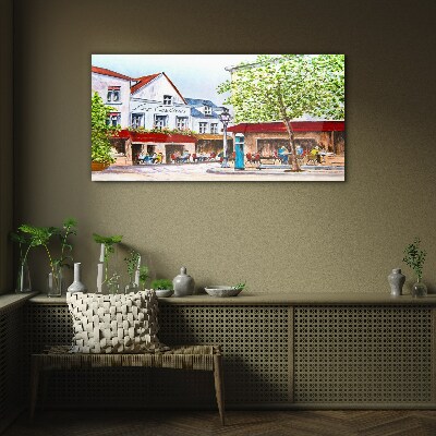 A cafe alley in the town Wall art on glass