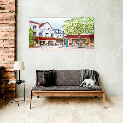 A cafe alley in the town Wall art on glass