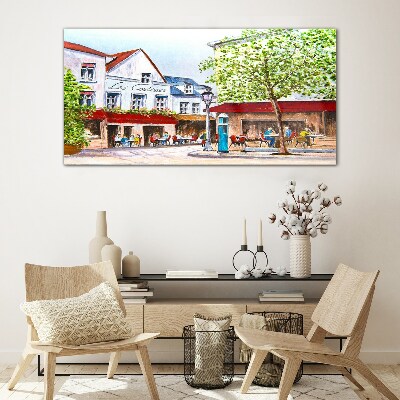 A cafe alley in the town Wall art on glass