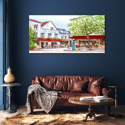 A cafe alley in the town Wall art on glass