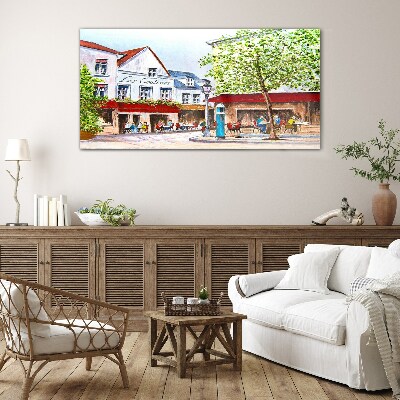 A cafe alley in the town Wall art on glass