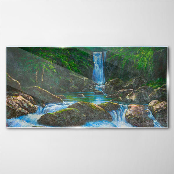 Waterfall rocks tree Glass Print