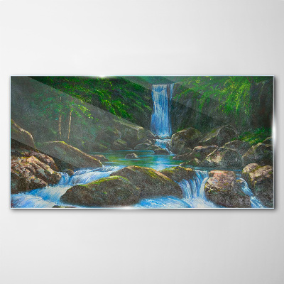 Waterfall rocks tree Glass Print