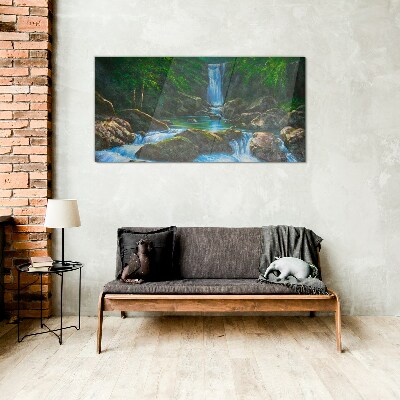 Waterfall rocks tree Glass Print