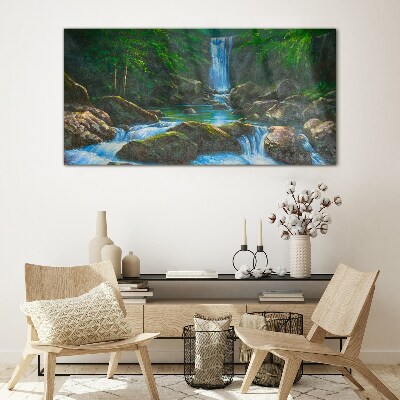 Waterfall rocks tree Glass Print