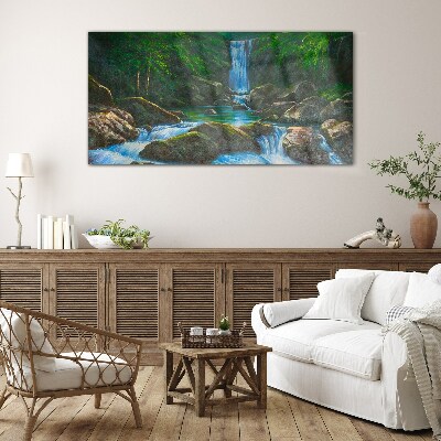 A peaceful waterfall in a forest setting Wall art on glass
