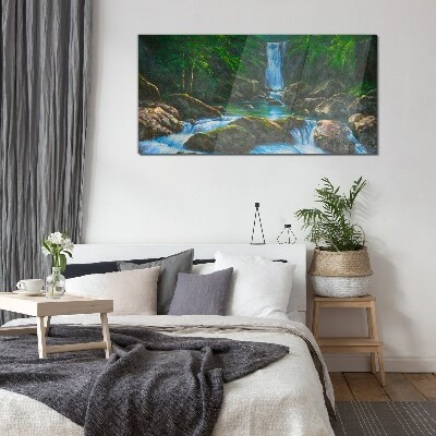 Waterfall rocks tree Glass Print