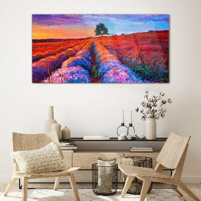 Landscape of lavender fields at sunset Glass art print