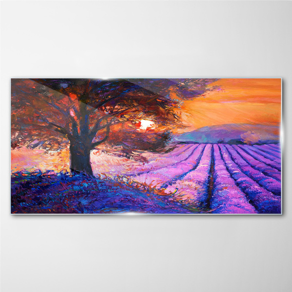 Purple landscape at sunset Wall art on glass