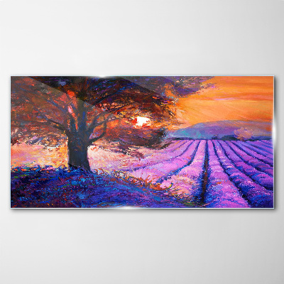 Purple landscape at sunset Wall art on glass