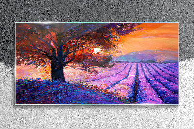 Purple landscape at sunset Wall art on glass