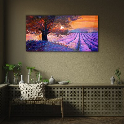 Purple landscape at sunset Wall art on glass
