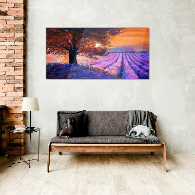 Purple landscape at sunset Wall art on glass