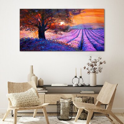 Purple landscape at sunset Wall art on glass
