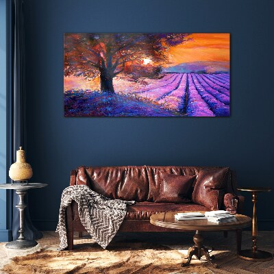 Purple landscape at sunset Wall art on glass