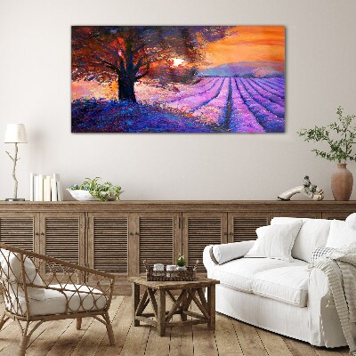 Purple landscape at sunset Wall art on glass