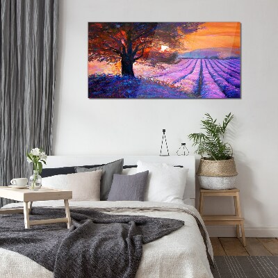 Purple landscape at sunset Wall art on glass