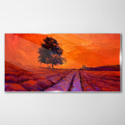 Sunset over the fields Glass art print