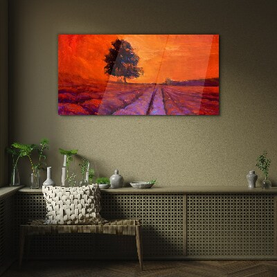Sunset over the fields Glass art print