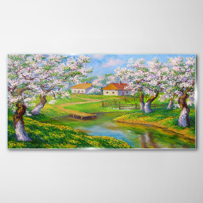 Spring landscape with blooming trees Wall art on glass