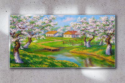 Spring landscape with blooming trees Wall art on glass