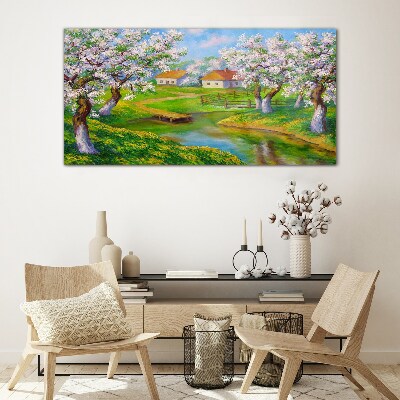 Spring landscape with blooming trees Wall art on glass