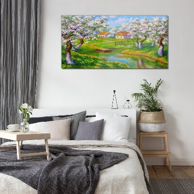 Spring landscape with blooming trees Wall art on glass