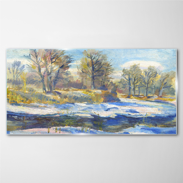 Winter landscape with a river Glass art print