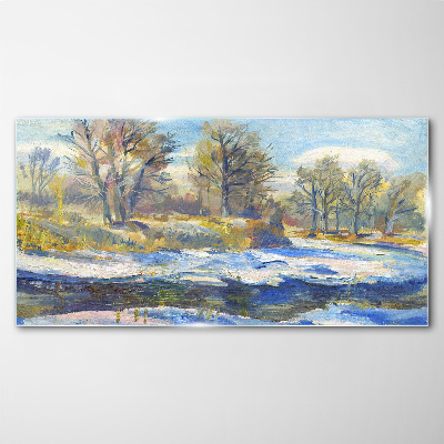 Winter landscape with a river Glass art print