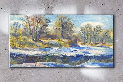 Winter landscape with a river Glass art print