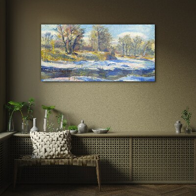Winter landscape with a river Glass art print