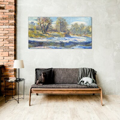 Winter landscape with a river Glass art print