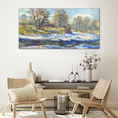 Winter landscape with a river Glass art print