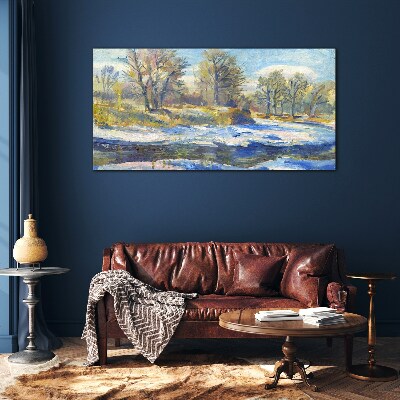 Winter landscape with a river Glass art print