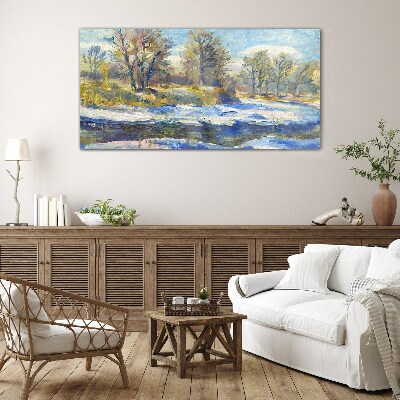 Winter landscape with a river Glass art print