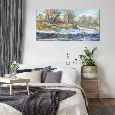 Winter landscape with a river Glass art print
