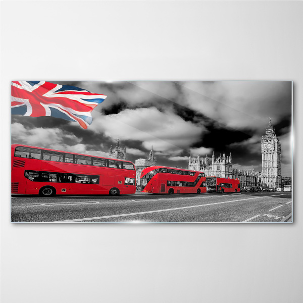 Red London buses with UK flag Wall art on glass