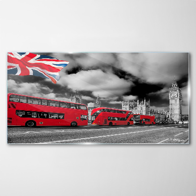 Red London buses with UK flag Wall art on glass